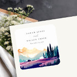 Posavasos Cuadrado De Papel Boda paisajístico de los campos de Lilac<br><div class="desc">Colección temática de paisajes de los campos de Lilac de la montaña.- es un elegante guion acuarela Ilustracion de paisajes coloridos de montaña, perfecto para su boda y fiestas de verano. Es muy fácil de personalizar, con sus datos personales. Si necesita cualquier otro producto o personalización que coincida, por favor...</div>