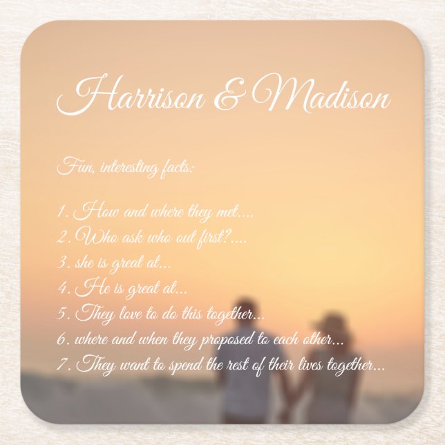 Posavasos Cuadrado De Papel Boda pareja hechos divertidos guión de foto person (Anverso)