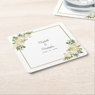 Posavasos Cuadrado De Papel Boda Personalizada Acuarela Rosa Blanca Elegante