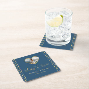 Posavasos Cuadrado De Papel Boda personalizada con lunares dorados y azules