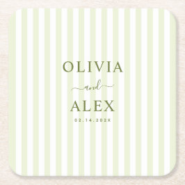 Posavasos Cuadrado De Papel Boda Personalizada con Rayas Retro Verde