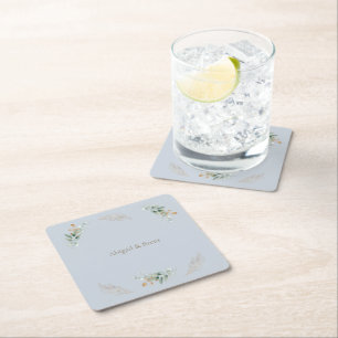 Posavasos Cuadrado De Papel Boda Personalizada de Foliaje Azul Polvo y Dorado