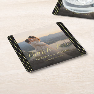 Posavasos Cuadrado De Papel Boda personalizada de lunares dorados y negros