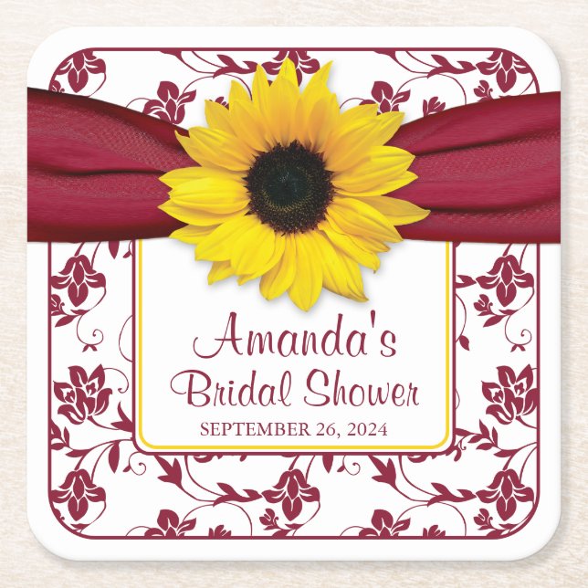 Posavasos Cuadrado De Papel Boda personalizada de Yellow Sunflower Burgundy (Anverso)