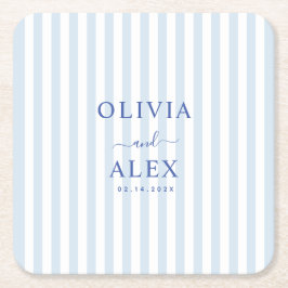 Posavasos Cuadrado De Papel Boda Personalizada Francesa Azul Minimalista y Chi