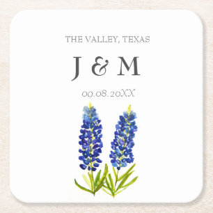 Posavasos Cuadrado De Papel Boda personalizada moderna floral azul de Bluebonn