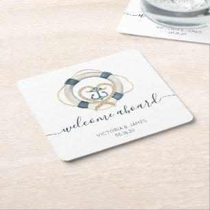 Posavasos Cuadrado De Papel Boda Personalizada Náutica Marina y Blanca