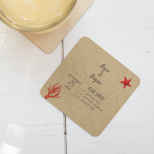 Posavasos Cuadrado De Papel Boda personalizado de arena y coral moderno