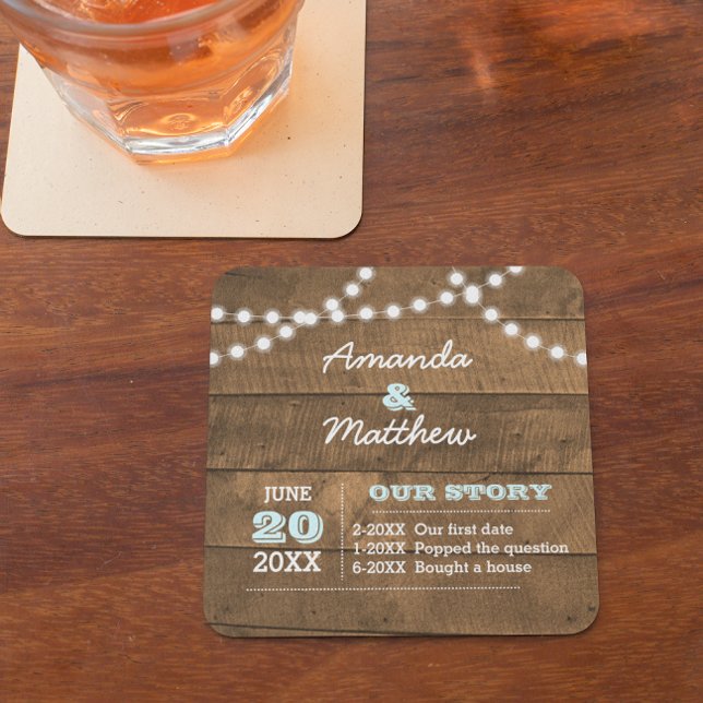 Posavasos Cuadrado De Papel Boda personalizado de Barnwood Lights Aqua (Subido por el creador)
