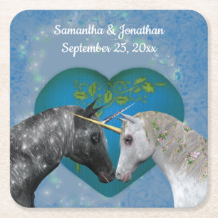 Posavasos Cuadrado De Papel Boda personalizado de besar a Unicornios