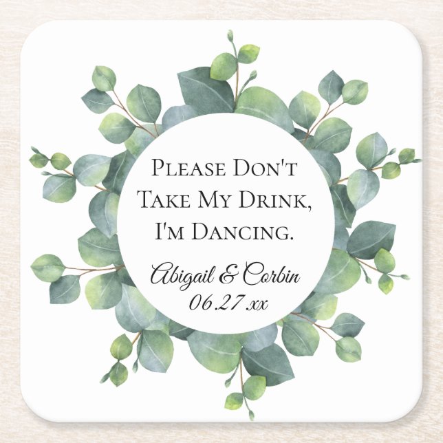 Posavasos Cuadrado De Papel Boda Personalizado de Eucalyptus Foliage (Anverso)