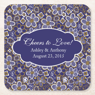 Posavasos Cuadrado De Papel Boda personalizado de floral blanca de oro azul de