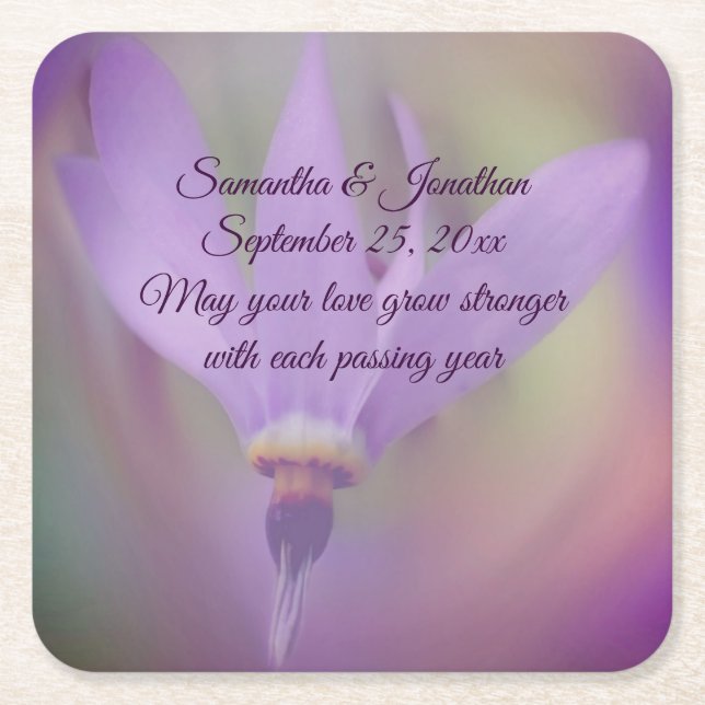 Posavasos Cuadrado De Papel Boda personalizado de flores de lirio púrpura páli (Anverso)