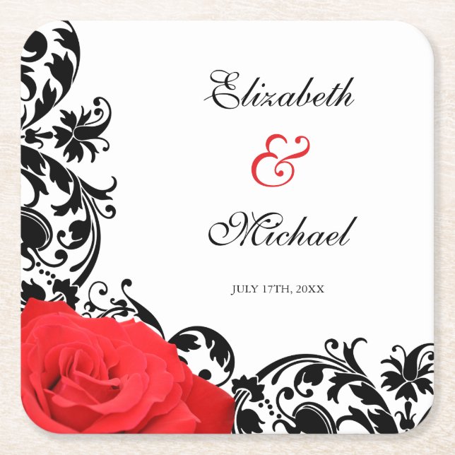 Posavasos Cuadrado De Papel Boda personalizado de Flouried Black Flourialized  (Anverso)
