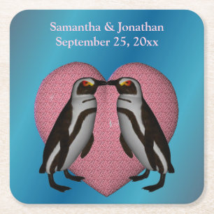 Posavasos Cuadrado De Papel Boda personalizado de los pingüinos besándose
