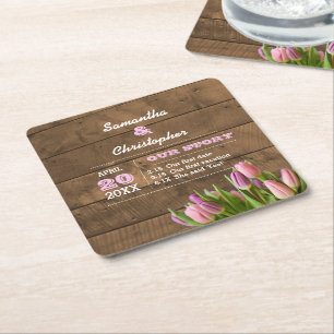 Posavasos Cuadrado De Papel Boda personalizado de Tulips y Barnwood Pastel