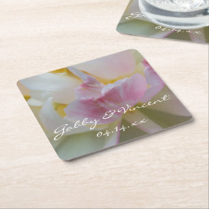 Posavasos Cuadrado De Papel Boda Primavera de la flor de tulipano rosa y blanc