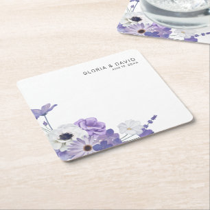 Posavasos Cuadrado De Papel Boda Purple Floral Elegante