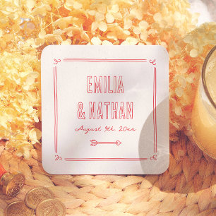 Posavasos Cuadrado De Papel Boda Quirky Moderna Retro con Cupido Dibujado a Ma