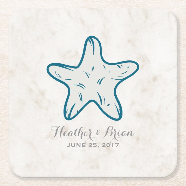 Posavasos Cuadrado De Papel Boda Real Rustic Starfish (Anverso)