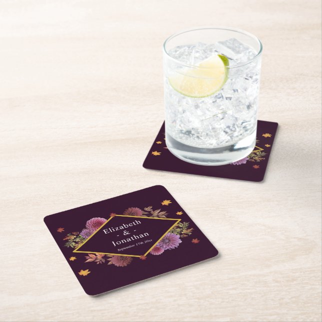 Posavasos Cuadrado De Papel Boda romántico de otoño en Dahlia (In situ)