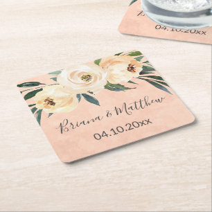 Posavasos Cuadrado De Papel Boda rosa amarillo floral