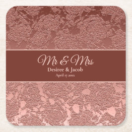 Posavasos Cuadrado De Papel Boda Rosa moderno oro rosa borgoña floral