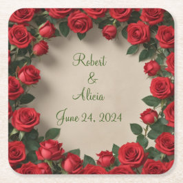 Posavasos Cuadrado De Papel Boda Rosa Roja