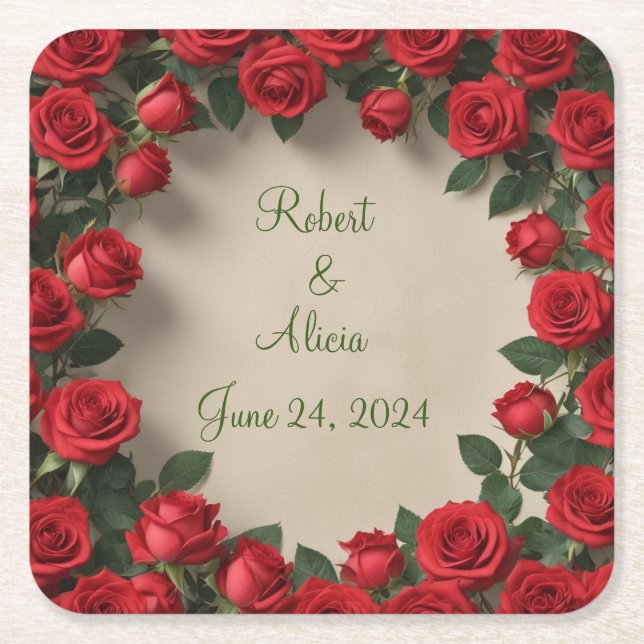 Posavasos Cuadrado De Papel Boda Rosa Roja (Anverso)