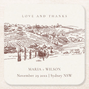 Posavasos Cuadrado De Papel Boda Rust Brown Winery Sketch