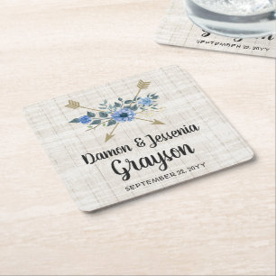 Posavasos Cuadrado De Papel Boda Rústica de Madera Boho con Flechas y Floral A