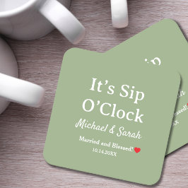 Posavasos Cuadrado De Papel Boda Rústica Verde Salvia Es Hora de Beber Persona