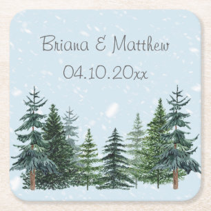 Posavasos Cuadrado De Papel Boda Rústico Evergreen Winter Pine