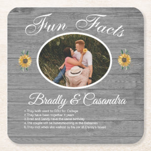 Posavasos Cuadrado De Papel Boda Rústico Fun Fact Sunflower Gray Wood