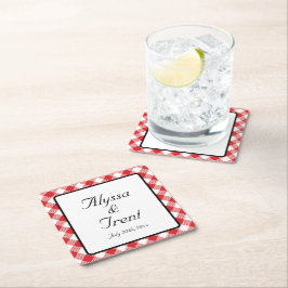 Posavasos Cuadrado De Papel Boda Rústico Rojo Gingham I DO BBQ