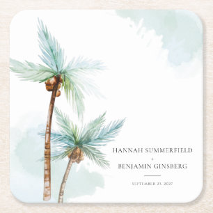 Posavasos Cuadrado De Papel Boda Rústico Tropical Beach Palm Tree Watercolor