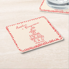 Posavasos Cuadrado De Papel Boda Torre de Champagne Retro Escrita a Mano