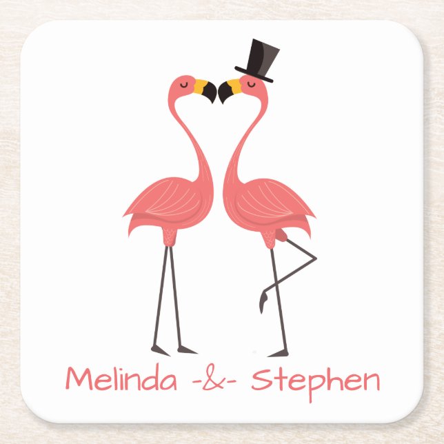 Posavasos Cuadrado De Papel Boda tropical de los flamencos rosados, Fiesta, Lu (Anverso)