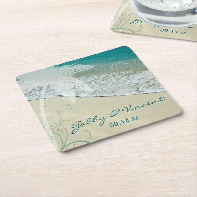 Posavasos Cuadrado De Papel Boda tropical de playa (En perspectiva)