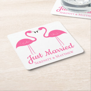 Posavasos Cuadrado De Papel Boda Tropical de Playa Flamencos Rosados Recién Ca