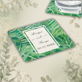 Posavasos Cuadrado De Papel boda tropical de vegetación esmeralda