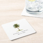 Posavasos Cuadrado De Papel Boda Tropical del Árbol de Palma Real<br><div class="desc">Las palmeras reales bordean muchas hermosas calles en ciudades costeras y lugares tropicales. Simbolizando la elegancia y el esplendor tropical, esta montaña de bebida boda personalizada personalizado presenta una palma acuarela real con una plantilla de texto para incluir los nombres de la novia y el novio y la fecha boda....</div>