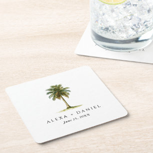 Posavasos Cuadrado De Papel Boda Tropical del Árbol de Palma Real