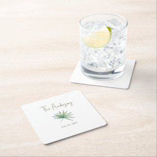 Posavasos Cuadrado De Papel Boda Tropical Personalizada Blanca