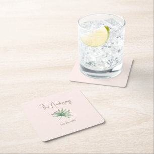 Posavasos Cuadrado De Papel Boda Tropical Personalizada con Rubor 