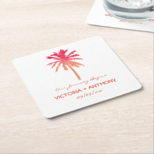 Posavasos Cuadrado De Papel Boda Tropical Sunset Palm Tree Beach