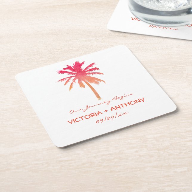 Posavasos Cuadrado De Papel Boda Tropical Sunset Palm Tree Beach (En perspectiva)