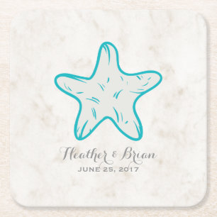 Posavasos Cuadrado De Papel Boda Turquoise Rustic Starfish