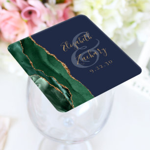 Posavasos Cuadrado De Papel Boda Verde Esmeralda Oro Ágata Azul Marino Escritu