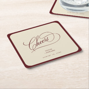Posavasos Cuadrado De Papel Boda Vintage Cheers Marfil y Borgoña Dinero Antigu